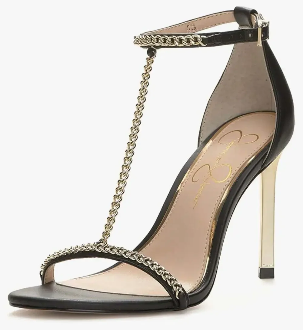 Jessica Simpson Qiven Chain T-Strap Dress Sandals,Black/Gold,9.5 - Picture 1 of 16